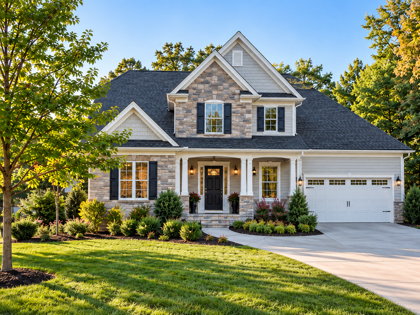 Illustrative home with a stone entry, light siding, and a landscaped front yard